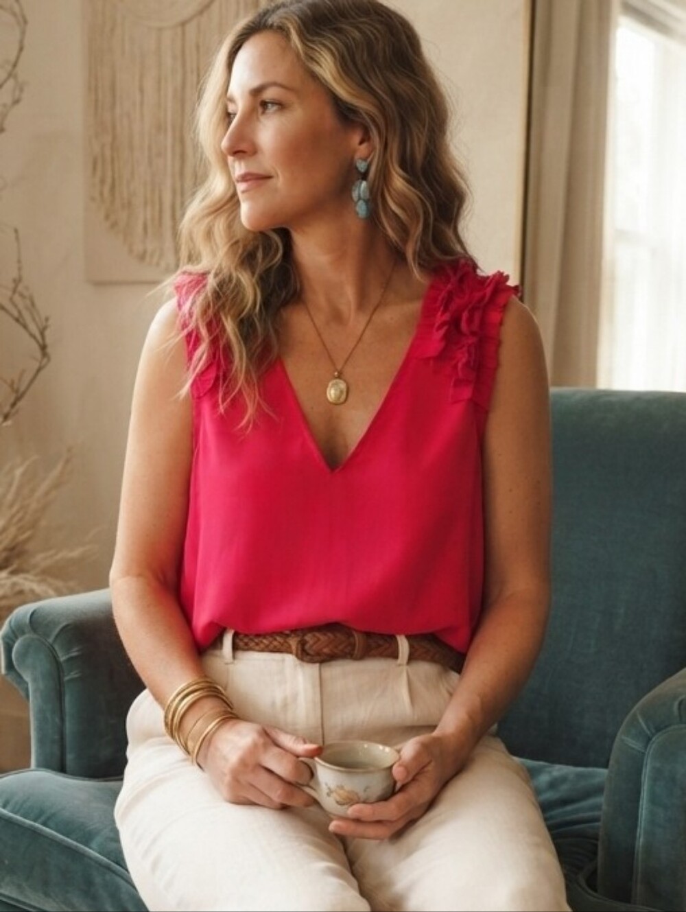 Zara Basic Hot Pink Ruffle Shoulder Blouse Sleeveless V-Neck Bubble Hem Small